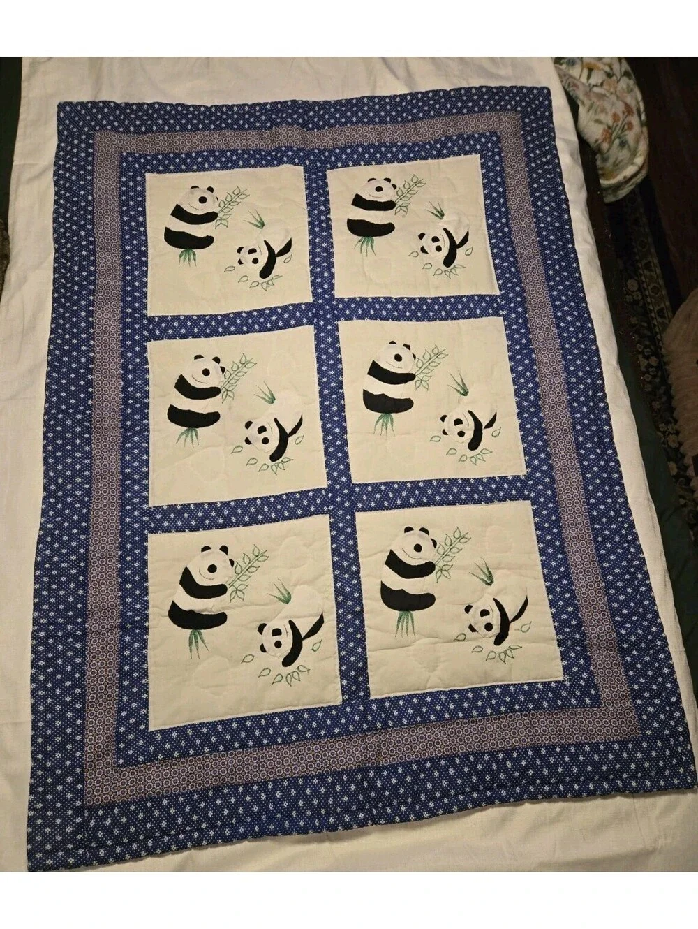 Cute Panda Bear Handmade Baby Quilt Blue Geometric Border Nursery Crib Blanket